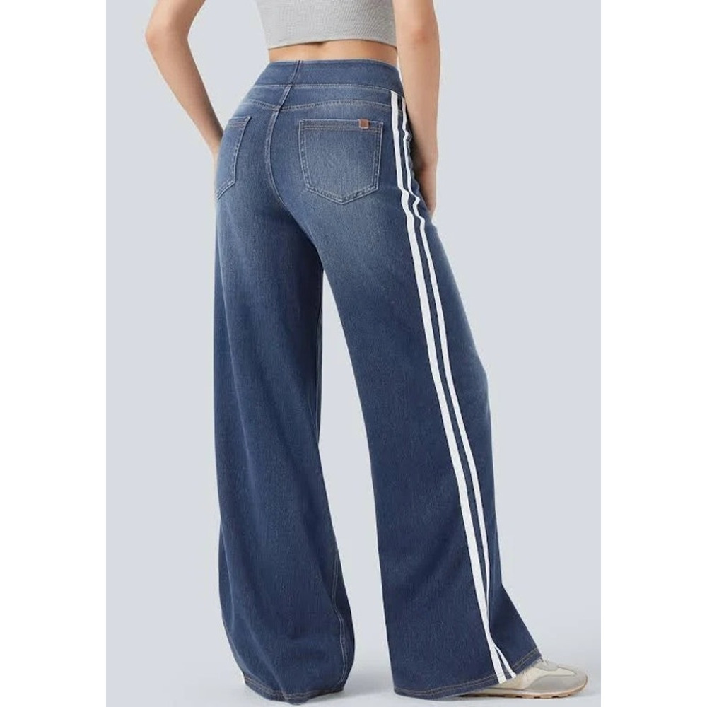 Halara Flex High Waisted Stripe Wide Leg Jeans Blue Denim L Regular